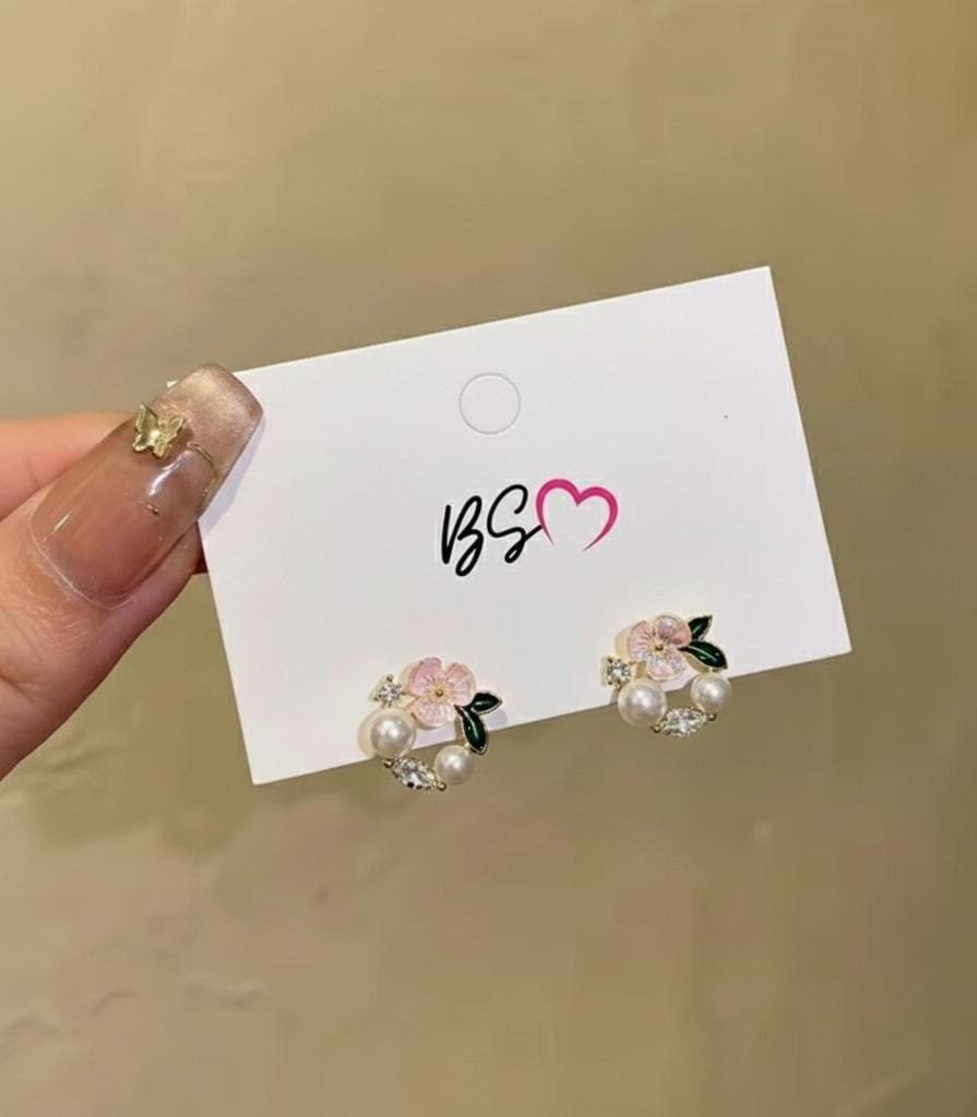 AWT-118 Korean Leaf Sparkling Pearl Earrings - Image 2