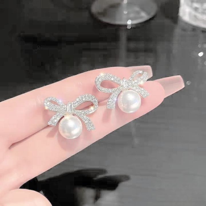 Bow Knot Pearl Earrings with Zircon - Image 3
