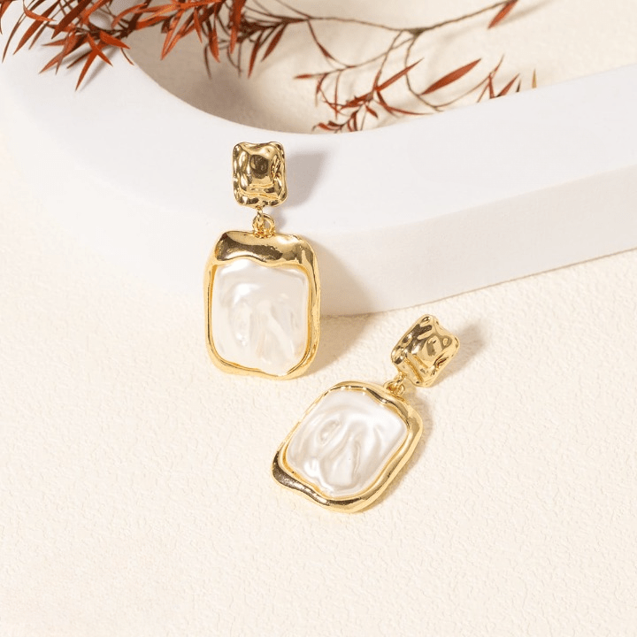 Elegant Korean Gold Foil Earrings with White Stone