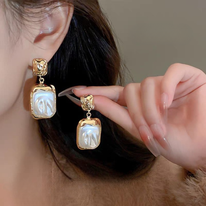 Elegant Korean Gold Foil Earrings with White Stone - Image 3