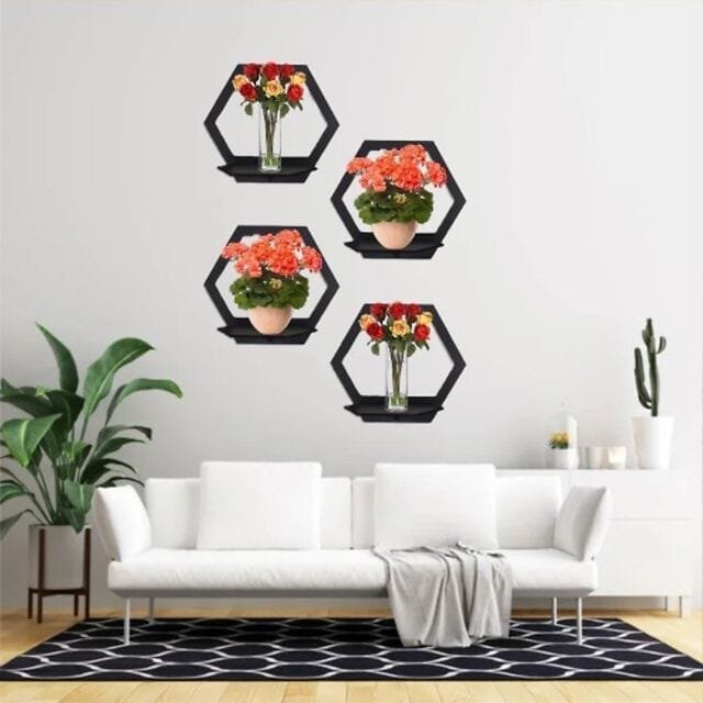(3 pcs set ) Hexagon Shape 3D Wooden Wall Shelf