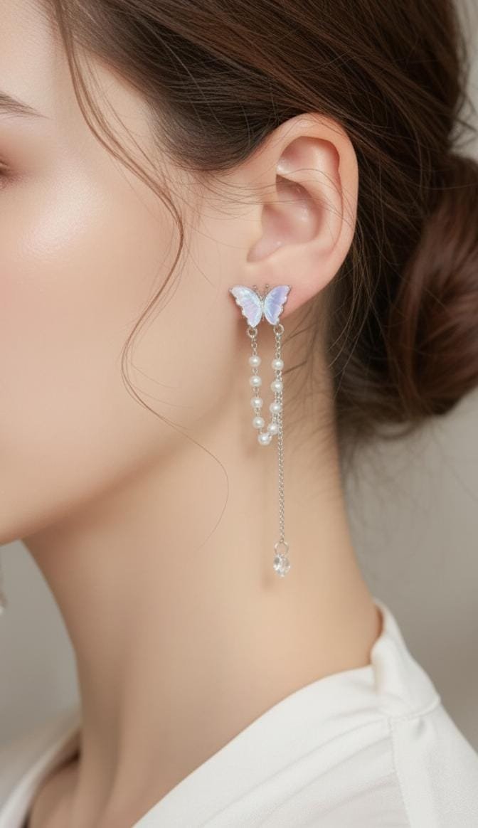 S925 Elegant Butterfly with Pearl Tassels Drop Earrings - Image 3