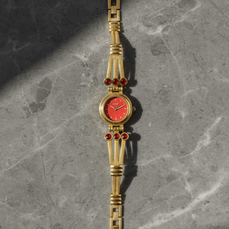 Vintage Gold-Tone Bracelet Watch with Ruby-Red Accents - Image 3
