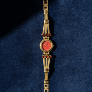 Vintage Gold-Tone Bracelet Watch with Ruby-Red Accents