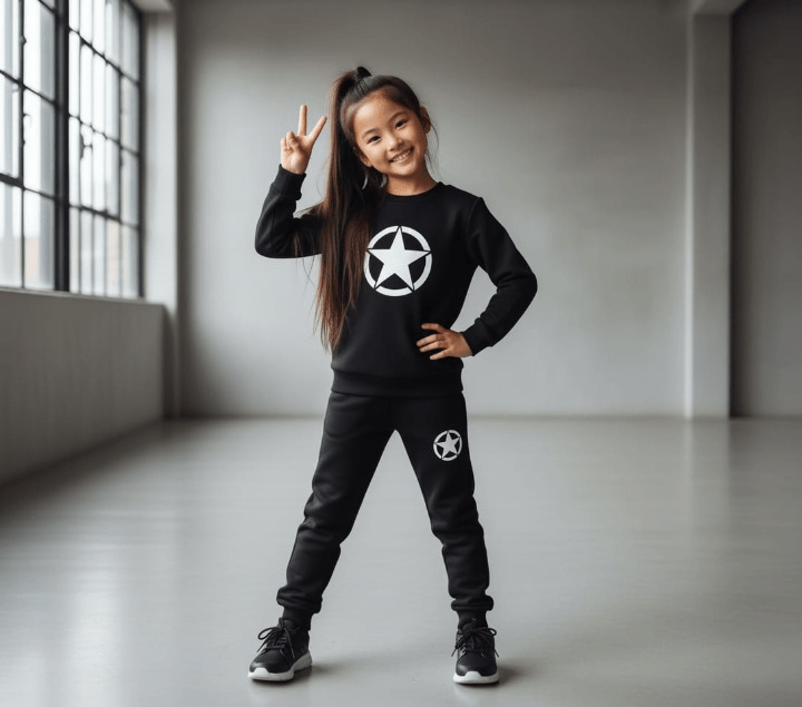 Kids Star Printed Black & Black Tracksuit Set