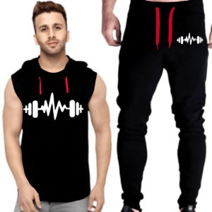 Black Vinyl Dumble Printed Gym Summer Hooded Sleeveless Tracksuit for Mens