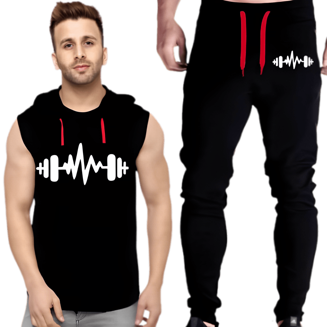 Black Vinyl Dumble Printed Gym Summer Hooded Sleeveless Tracksuit for Mens